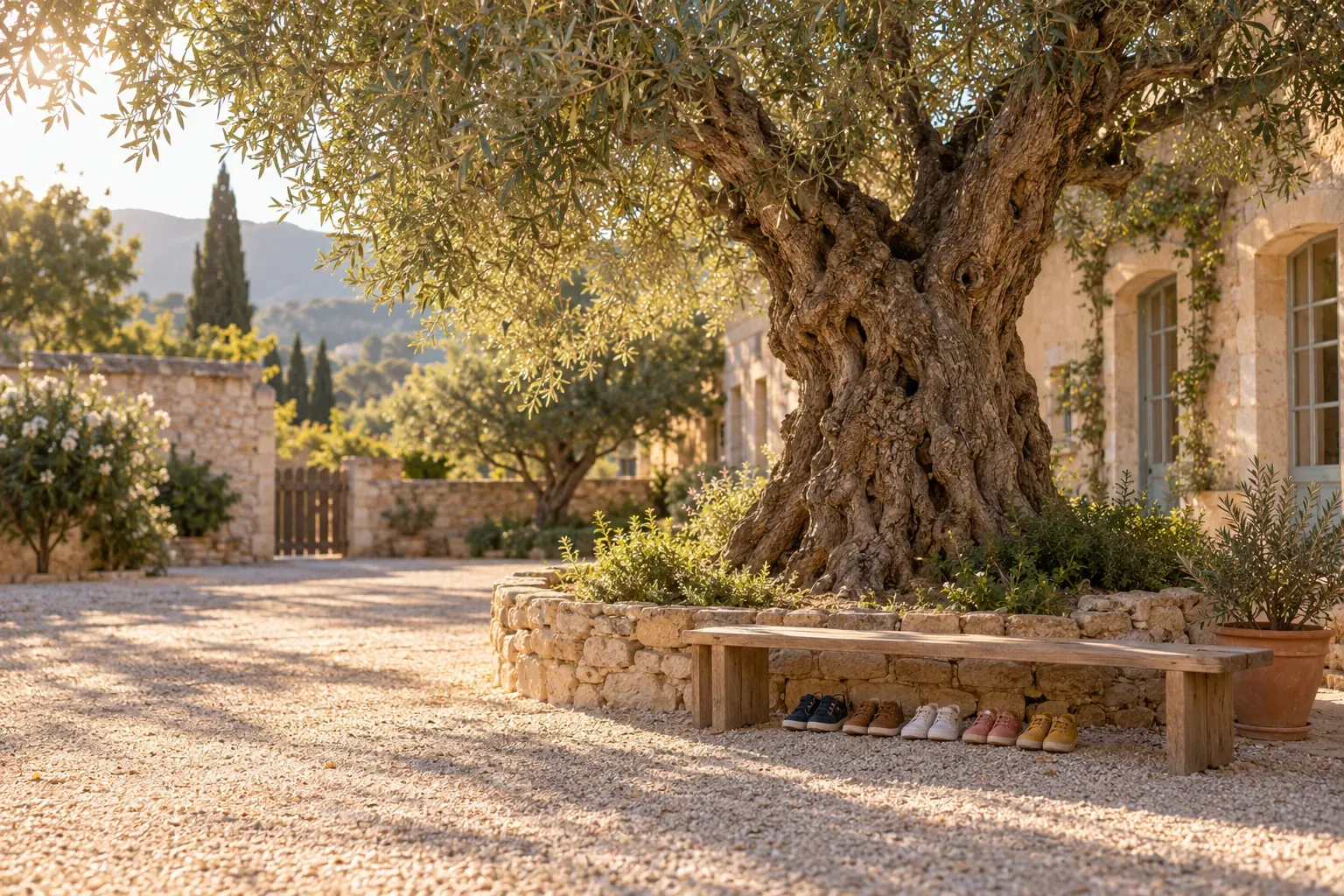 Cour d'école méditerranéenne avec un olivier, un banc en bois et des chaussures d'enfants alignées